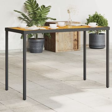 vidaXL Stalas su akacijos stalviršiu, juodas, 115x54x74cm, poliratanas