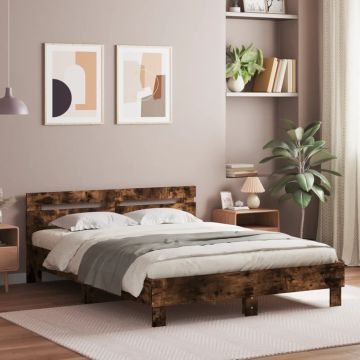 vidaXL Lovos rėmas su galvūgaliu ir LED, dūminio ąžuolo, 150x200cm