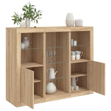 vidaXL Šoninės spintelės su LED, 3vnt., ąžuolo, apdirbta mediena