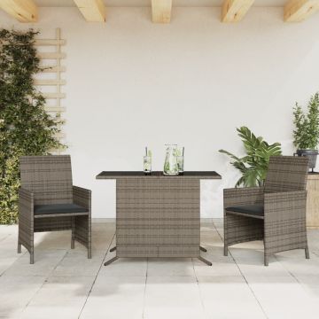 vidaXL Bistro komplektas su pagalvėlėmis, 3 dalių, pilkas, poliratanas