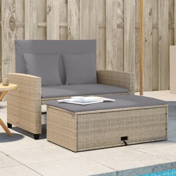 vidaXL Dvivietė sodo sofa su pagalvėlėmis, smėlio spalvos, poliratanas