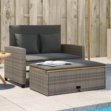 vidaXL Dvivietė sodo sofa su pagalvėlėmis, pilkas, poliratanas/akacija