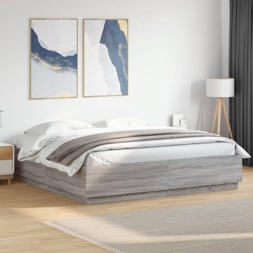 vidaXL Lovos rėmas su LED, pilkas ąžuolo, 200x200cm, apdirbta mediena