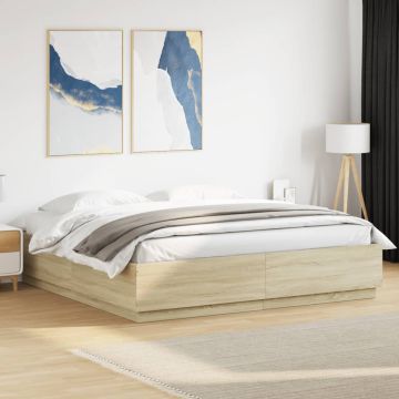 vidaXL Lovos rėmas su LED, ąžuolo, 180x200cm, apdirbta mediena