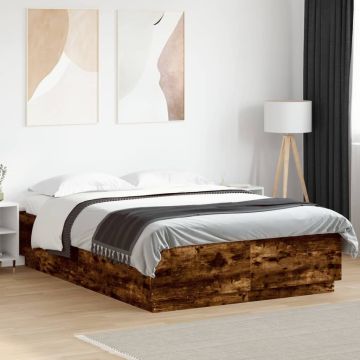 vidaXL Lovos rėmas su LED, dūminio ąžuolo, 120x200cm, apdirbta mediena
