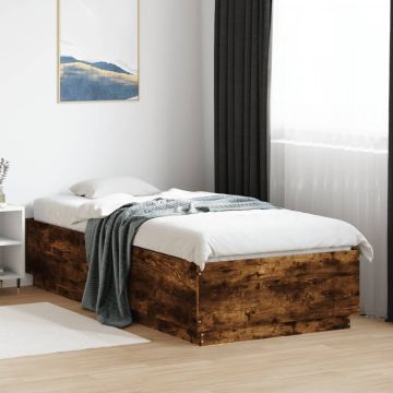 vidaXL Lovos rėmas su LED, dūminio ąžuolo, 90x200cm, apdirbta mediena