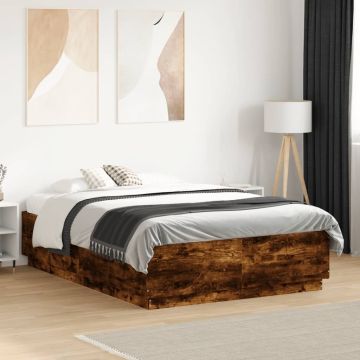 vidaXL Lovos rėmas su LED, dūminio ąžuolo, 140x190cm, apdirbta mediena