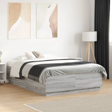 vidaXL Lovos rėmas su LED, pilkas ąžuolo, 135x190cm, apdirbta mediena