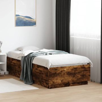 vidaXL Lovos rėmas su LED, dūminio ąžuolo, 90x190cm, apdirbta mediena