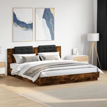 vidaXL Lovos rėmas su galvūgaliu ir LED, dūminis ąžuolo, 200x200cm