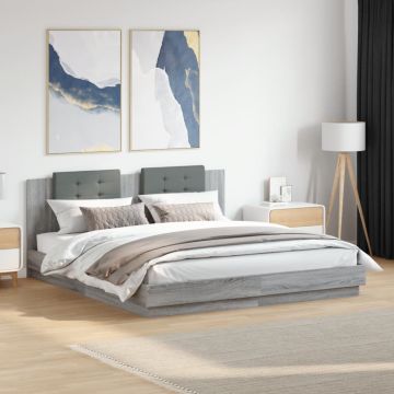 vidaXL Lovos rėmas su galvūgaliu ir LED, pilkas ąžuolo, 200x200cm