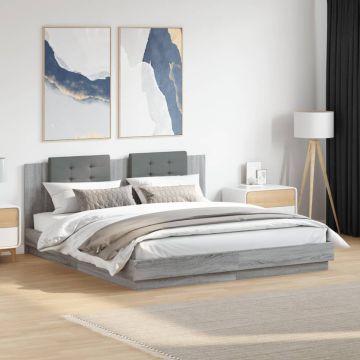vidaXL Lovos rėmas su galvūgaliu ir LED, pilkas ąžuolo, 160x200cm