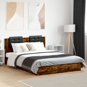 vidaXL Lovos rėmas su galvūgaliu ir LED, dūminio ąžuolo, 120x200cm