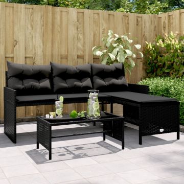 vidaXL Sodo sofa su stalu/pagalvėlėmis, juoda, poliratanas, L formos