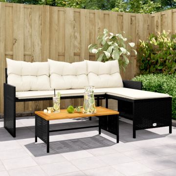vidaXL Sodo sofa su stalu/pagalvėlėmis, juoda, poliratanas, L formos