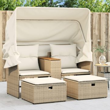 vidaXL Dvivietė sodo sofa su skliautu/taburetėmis, smėlio, poliratanas