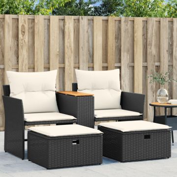 vidaXL Dvivietė sodo sofa su taburetėmis, juodos spalvos, poliratanas