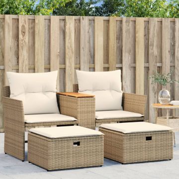 vidaXL Dvivietė sodo sofa su taburetėmis, smėlio spalvos, poliratanas