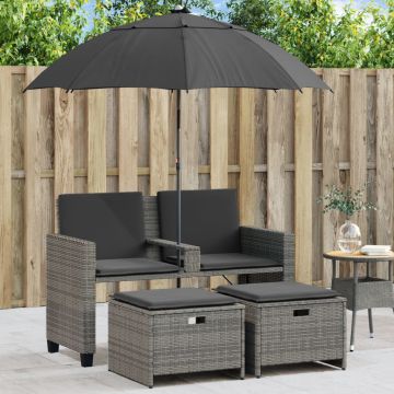 vidaXL Dvivietė sodo sofa su skėčiu/taburetėmis, pilka, poliratanas