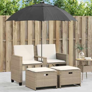 vidaXL Dvivietė sodo sofa su skėčiu/taburetėmis, smėlio, poliratanas