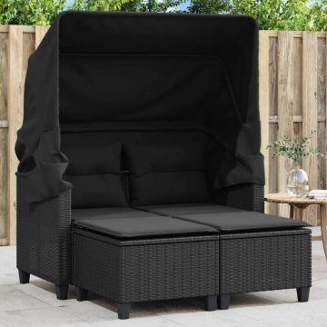 vidaXL Dvivietė sodo sofa su skliautu/taburetėmis, juoda, poliratanas