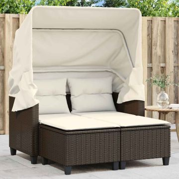 vidaXL Dvivietė sodo sofa su skliautu/taburetėmis, ruda, poliratanas