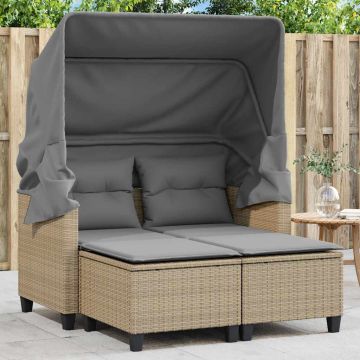 vidaXL Dvivietė sodo sofa su skliautu/taburetėmis, smėlio, poliratanas