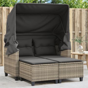 vidaXL Dvivietė sodo sofa su skliautu/taburetėmis, pilka, poliratanas