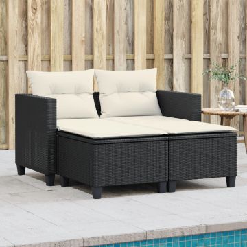 vidaXL Dvivietė sodo sofa su taburetėmis, juodos spalvos, poliratanas