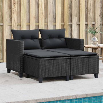 vidaXL Dvivietė sodo sofa su taburetėmis, juodos spalvos, poliratanas