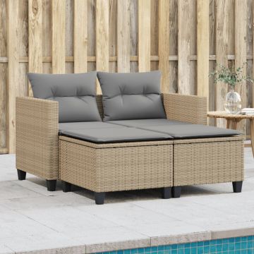 vidaXL Dvivietė sodo sofa su taburetėmis, smėlio spalvos, poliratanas