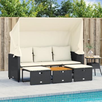 vidaXL Trivietė sodo sofa su skliautu/taburetėmis, juoda, poliratanas