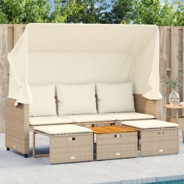 vidaXL Trivietė sodo sofa su skliautu/taburetėmis, smėlio, poliratanas