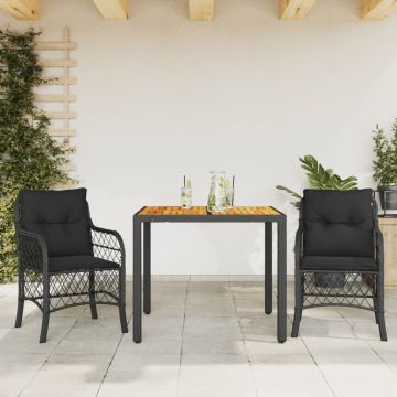 vidaXL Bistro komplektas su pagalvėlėmis, 3 dalių, juodas, poliratanas