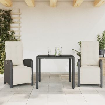 vidaXL Bistro komplektas su pagalvėlėmis, 3 dalių, juodas, poliratanas