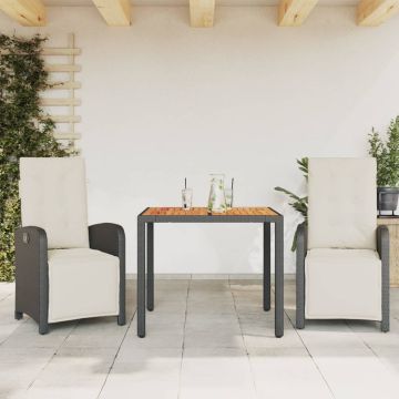 vidaXL Bistro komplektas su pagalvėlėmis, 3 dalių, juodas, poliratanas