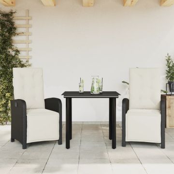 vidaXL Bistro komplektas su pagalvėlėmis, 3 dalių, juodas, poliratanas