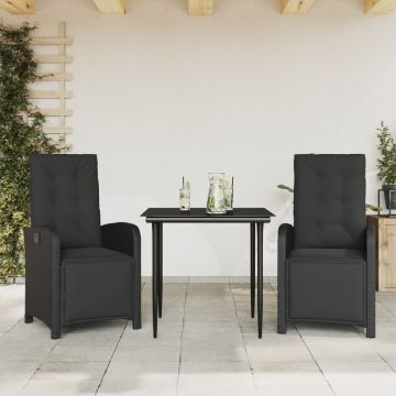 vidaXL Bistro komplektas su pagalvėlėmis, 3 dalių, juodas, poliratanas