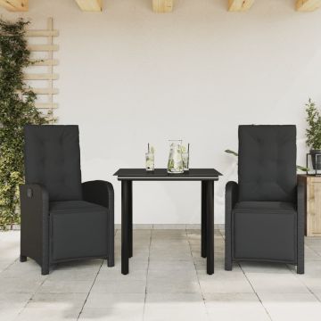 vidaXL Bistro komplektas su pagalvėlėmis, 3 dalių, juodas, poliratanas