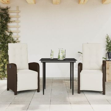 vidaXL Bistro komplektas su pagalvėlėmis, 3 dalių, rudas, poliratanas