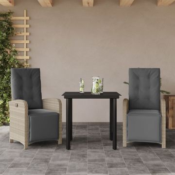 vidaXL Bistro komplektas su pagalvėlėmis, 3 dalių, pilkas, poliratanas