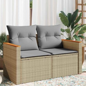 vidaXL Dvivietė sodo sofa su pagalvėlėmis, smėlio spalvos, poliratanas