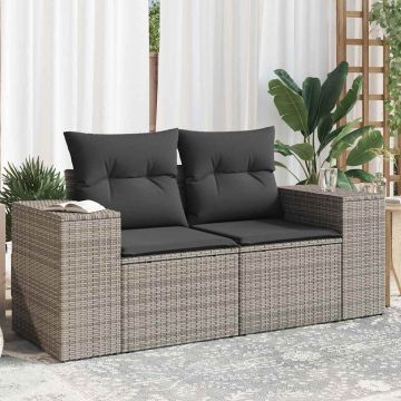 vidaXL Dvivietė sodo sofa su pagalvėlėmis, pilkos spalvos, poliratanas