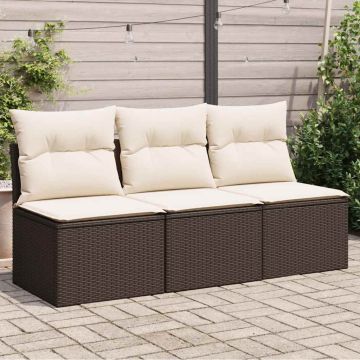 vidaXL Trivietė sodo sofa su pagalvėlėmis, ruda, poliratanas