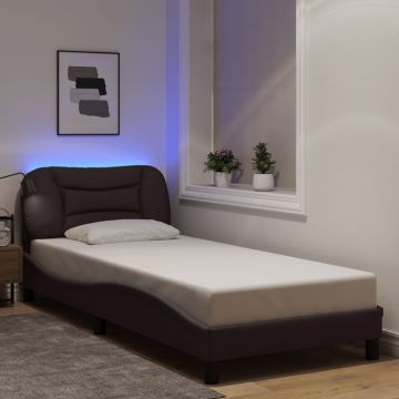 vidaXL Lovos rėmas su LED be čiužinio, Hvar, tamsiai rudas, 90x190cm, audinys