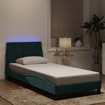 vidaXL Lovos rėmas su LED be čiužinio, Hanko, tamsiai žalias, 90x190cm, aksomas