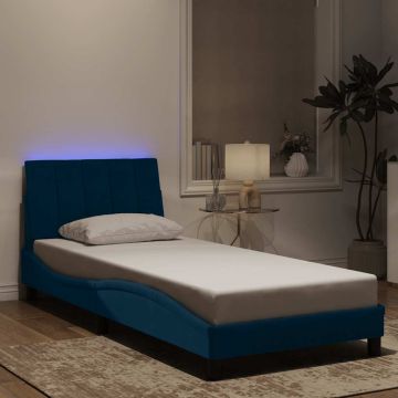 vidaXL Lovos rėmas su LED be čiužinio, Hanko, mėlynos spalvos, 90x190cm, aksomas