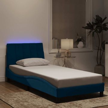 vidaXL Lovos rėmas su LED be čiužinio, Hanko, mėlynos spalvos, 90x200cm, aksomas