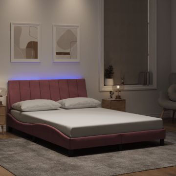 vidaXL Lovos rėmas su LED be čiužinio, Hanko, rožinės spalvos, 140x200cm, aksomas