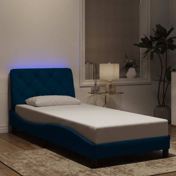 vidaXL Lovos rėmas su LED be čiužinio, mėlynos spalvos, 90x190cm, aksomas